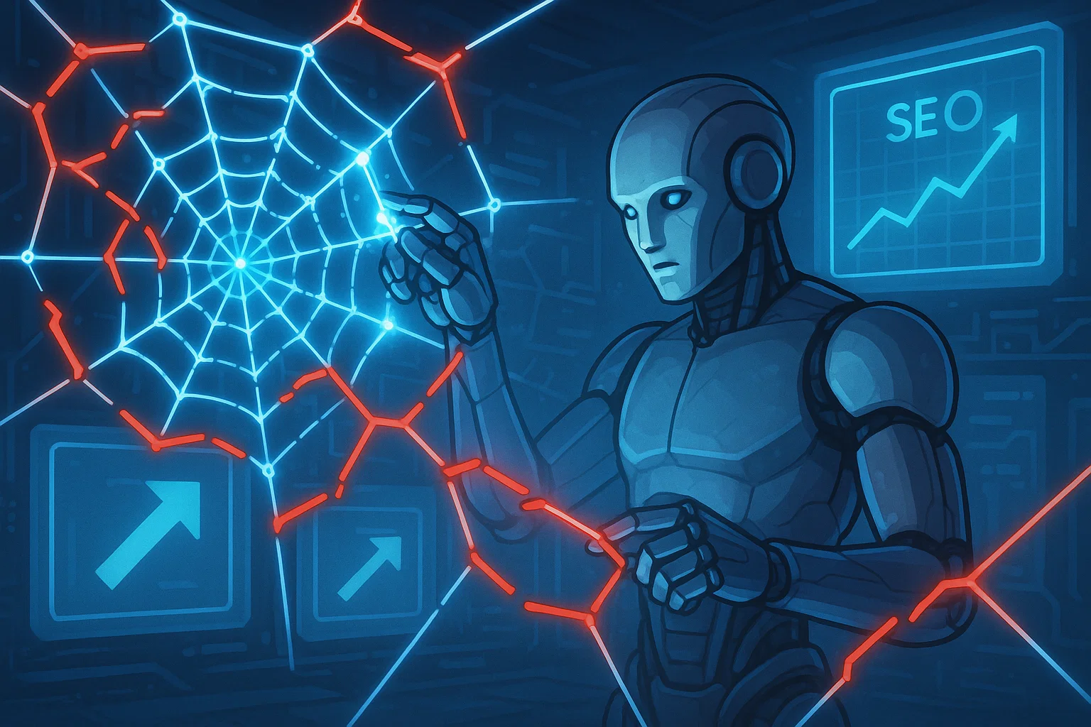 A robot analyzing a glowing spider web graphic with red highlighted errors.