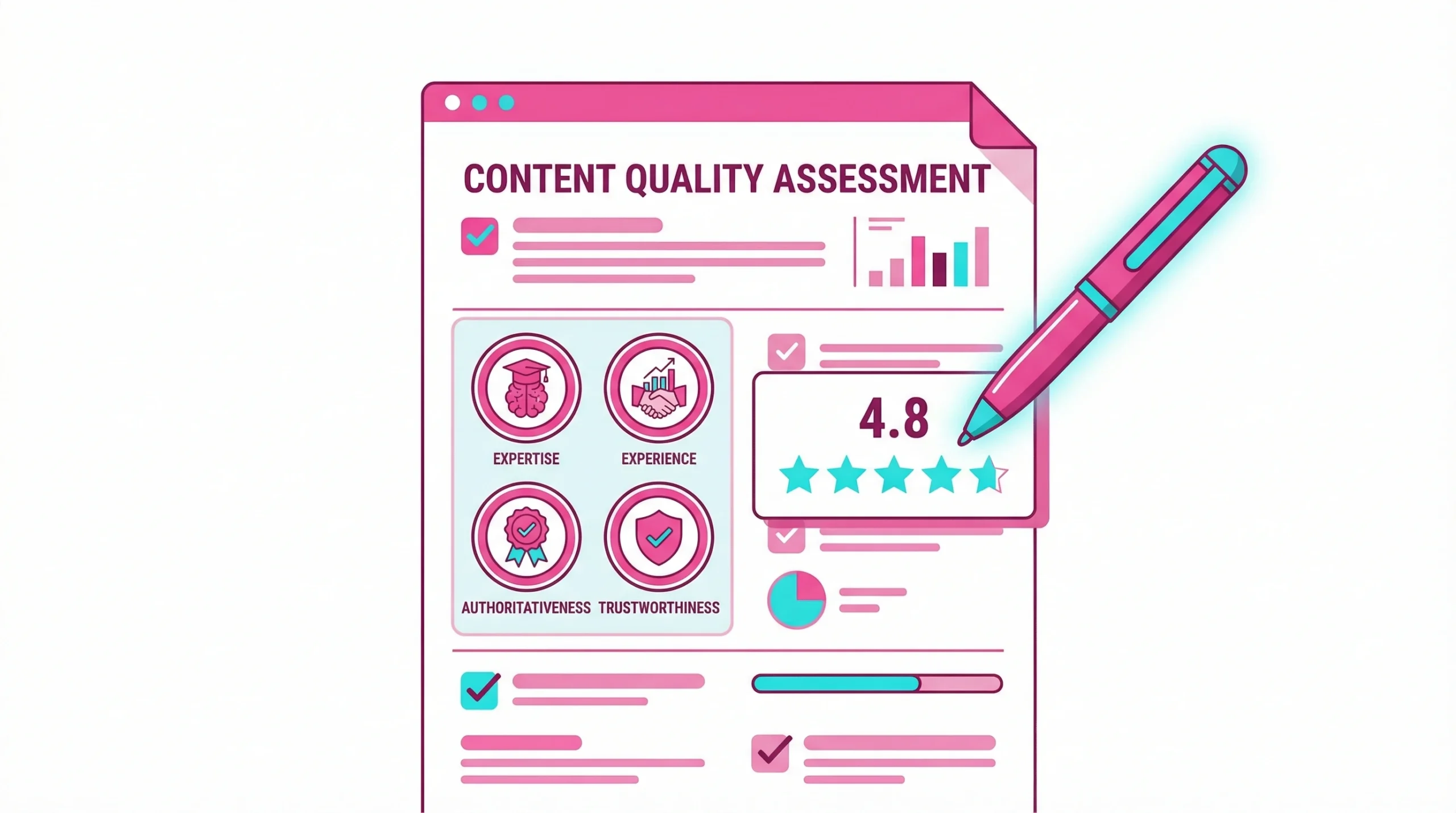 Digital document with quality badges and star icons representing SEO writing best practices.