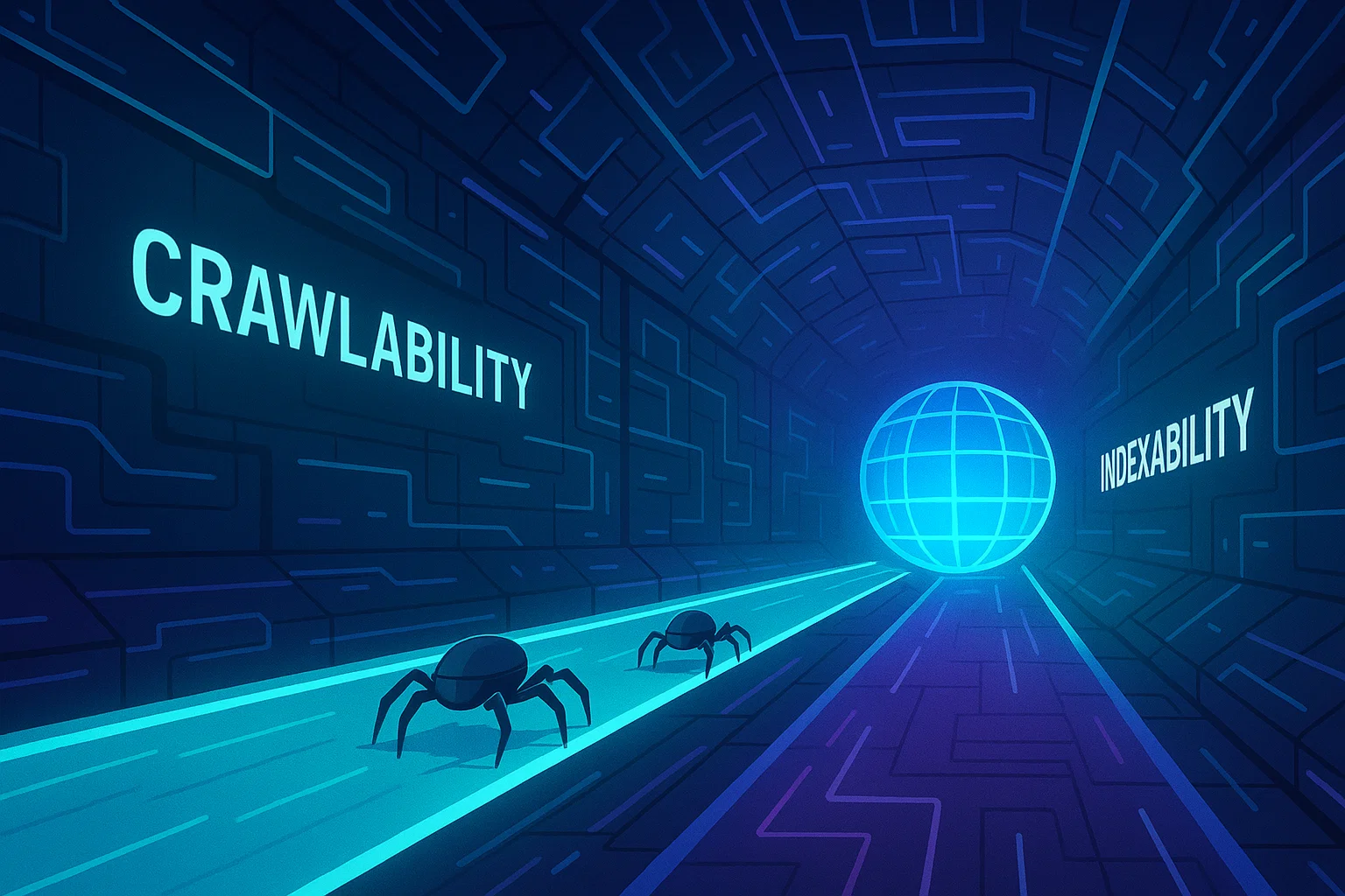 Crawlability and indexability concepts in SEO with spider bots. Crawlability and indexability concepts in SEO with spider bots.