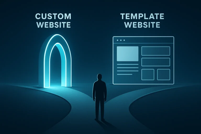 A person chooses between a glowing custom website archway and a generic template website.
