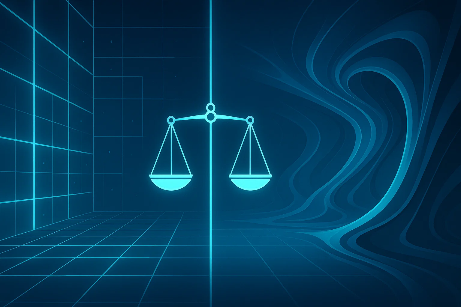 A digital illustration of the glowing scales of justice on a futuristic blue background. A digital illustration of the glowing scales of justice on a futuristic blue background.