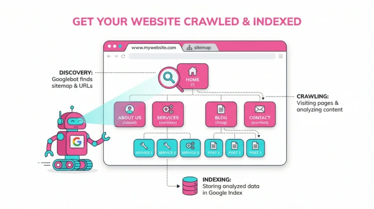 Flat vector illustration of a search engine bot indexing a website structure on a clean white background.