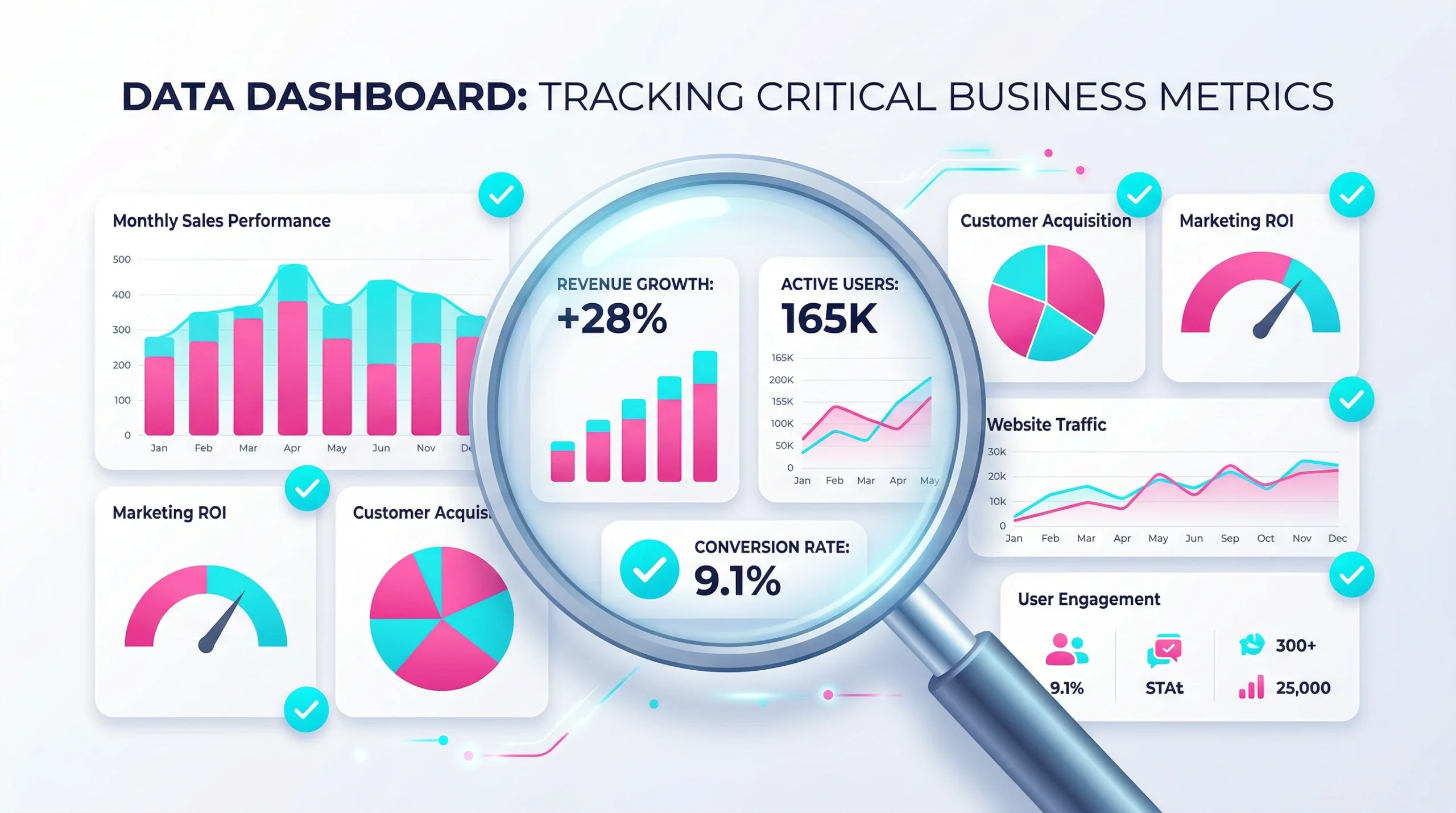 Data dashboard with metrics and checkmarks representing the measurement of semantic SEO success.