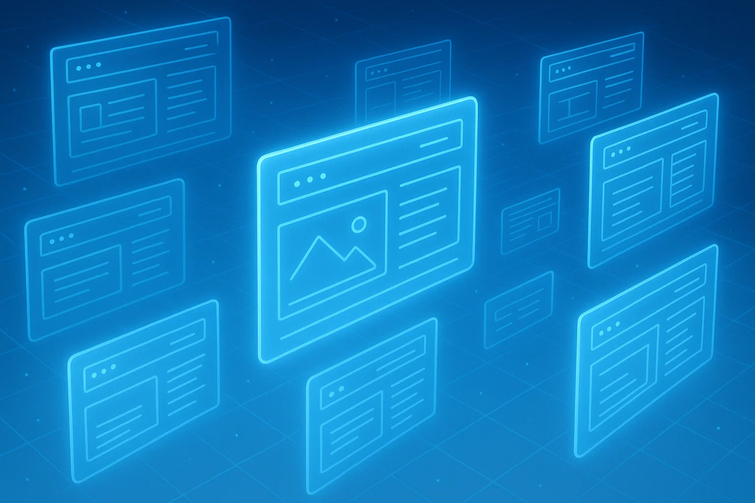 A digital illustration of glowing blue wireframes of various websites on a grid. A digital illustration of glowing blue wireframes of various websites on a grid.