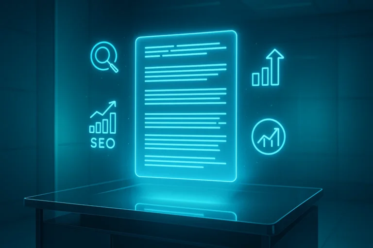 On-page SEO with icons for content optimization and metrics.