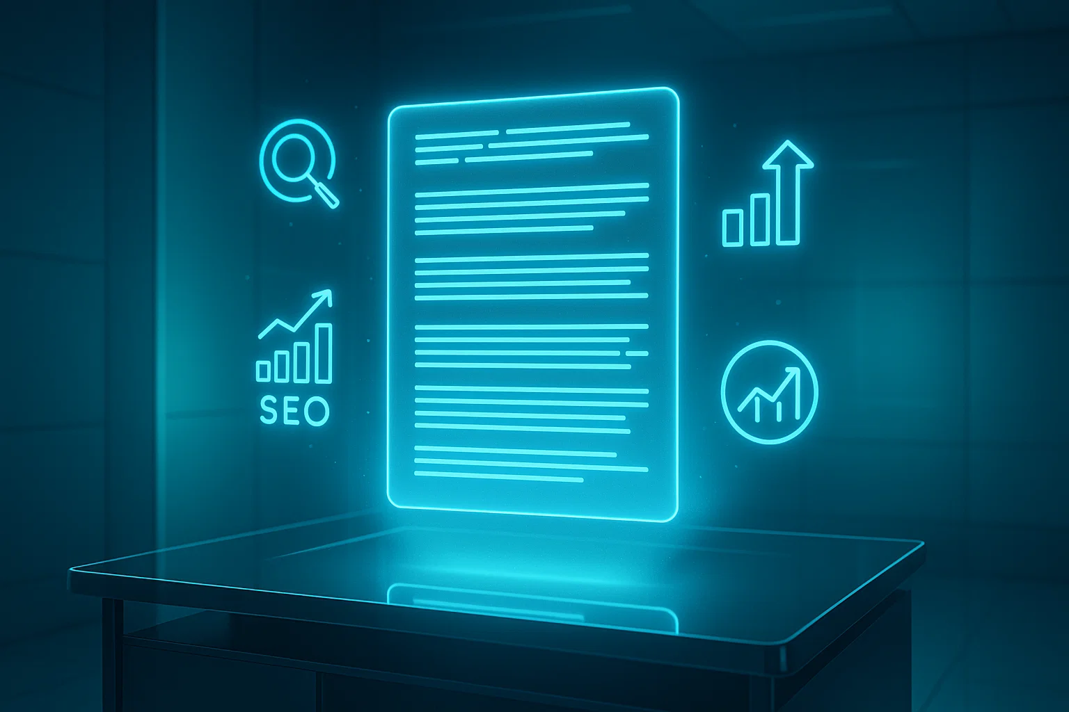 On-page SEO with icons for content optimization and metrics.