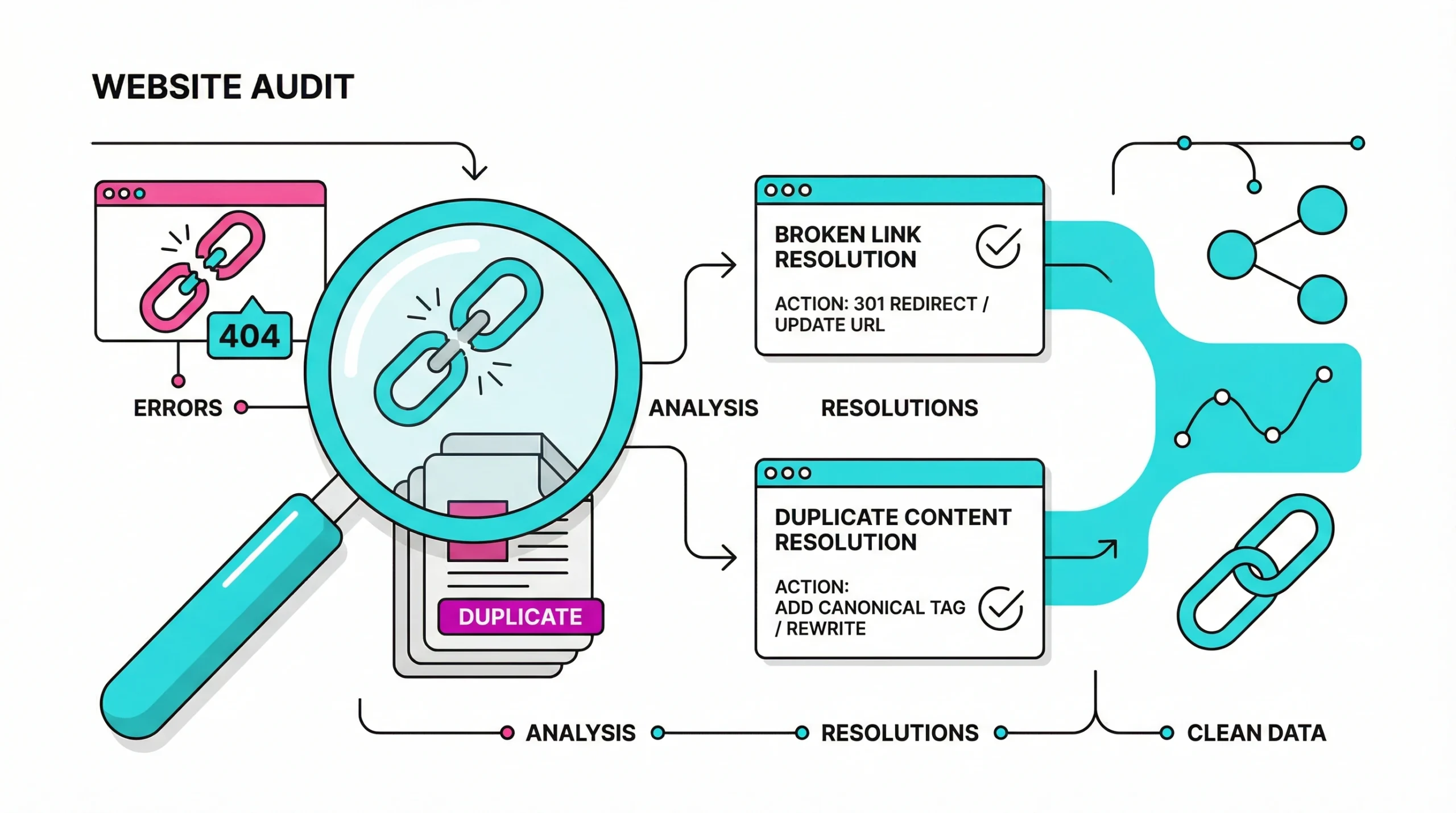 Graphic illustration of fixing common indexing errors like duplicate content and broken redirects.
