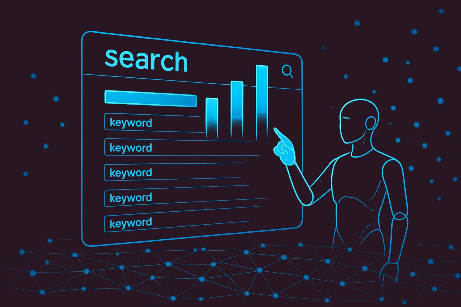 A blue-lined robot pointing to a digital chart displaying keyword search rankings.
