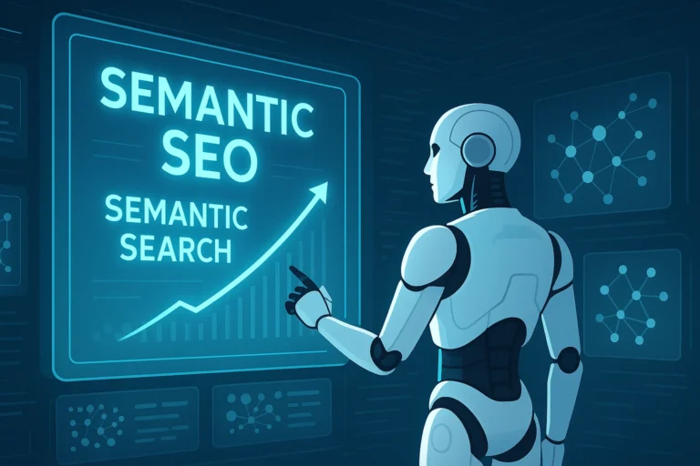 A robot pointing to a digital display with a growth chart for semantic SEO.
