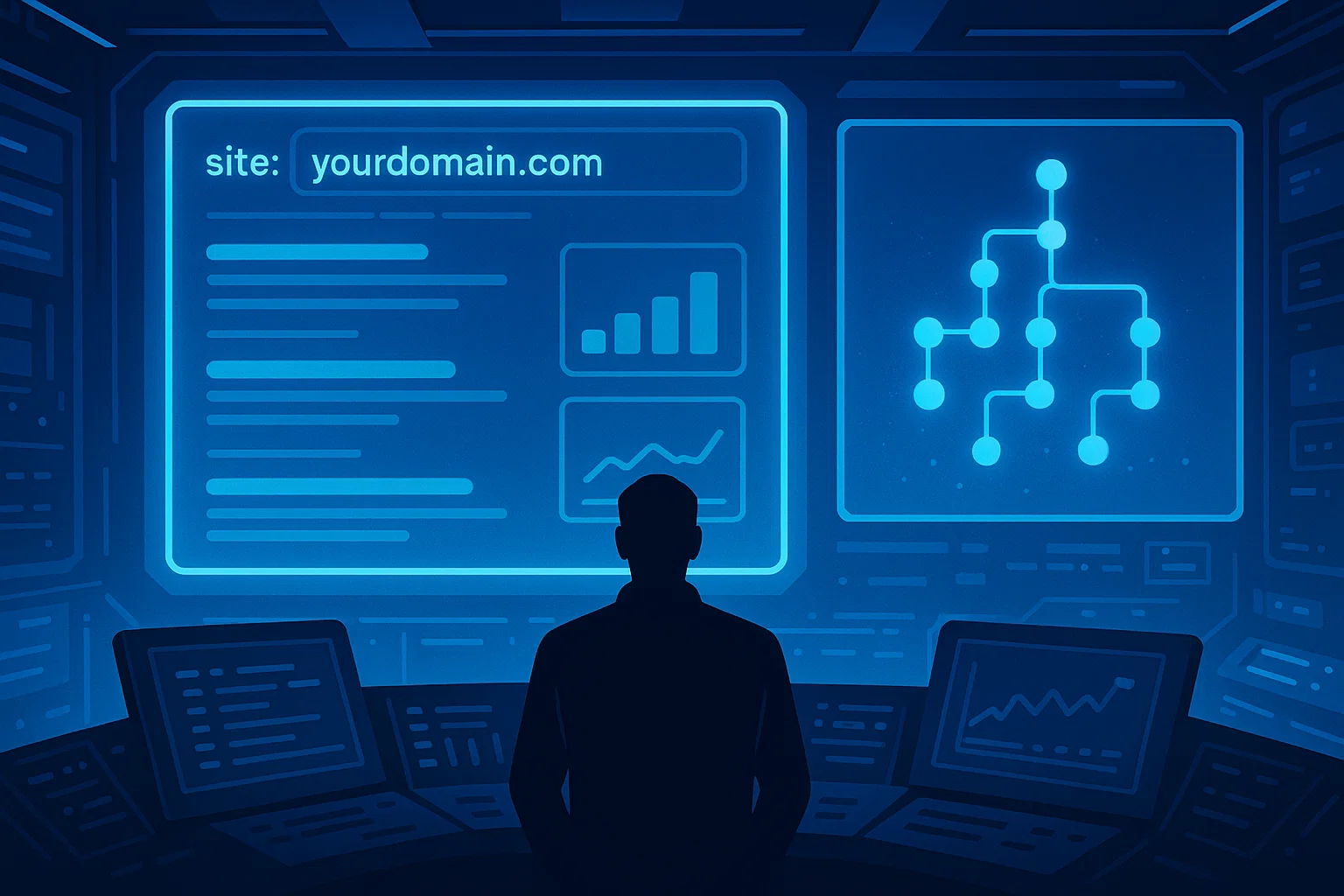 A person analyzing an SEO analytics dashboard for a website. A person analyzing an SEO analytics dashboard for a website.