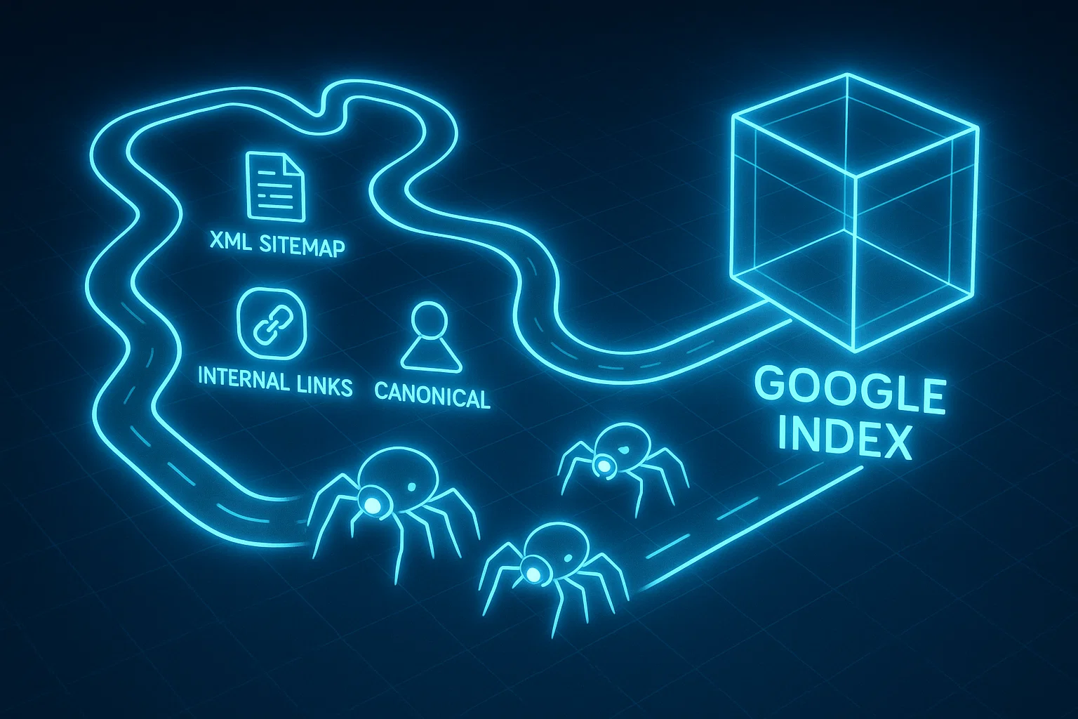 Technical SEO concepts guiding bots to the Google index. Technical SEO concepts guiding bots to the Google index.
