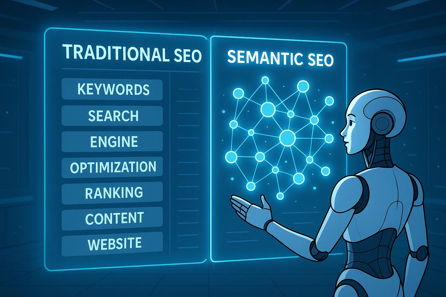 A robot pointing to a digital display showing a comparison of traditional SEO and semantic SEO.