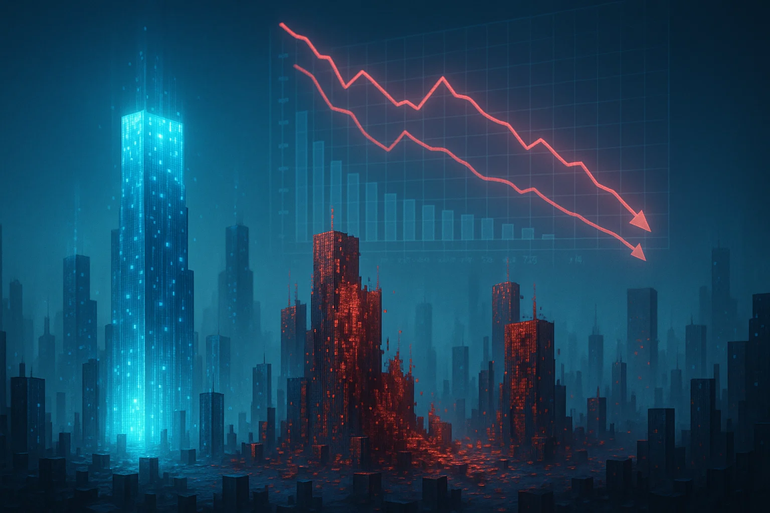 A digital art image of a futuristic city with a glowing building and a red declining chart.