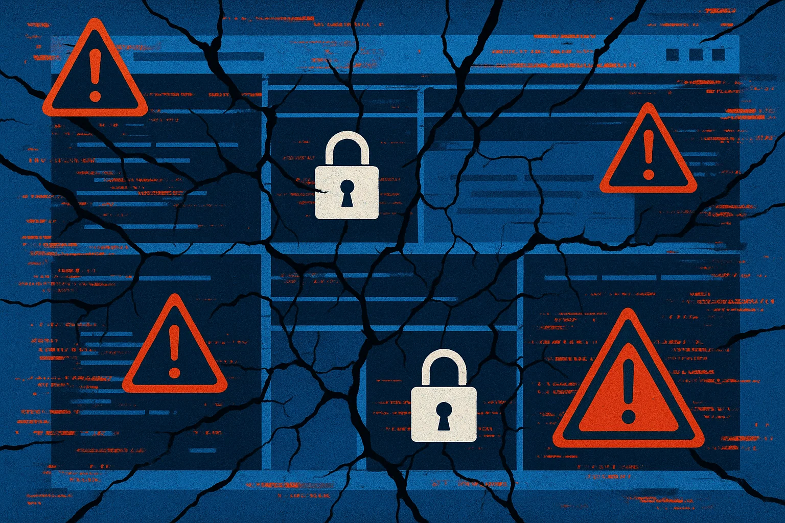 A digital illustration of a cracked screen with security warnings and padlocks, representing a website vulnerability. A digital illustration of a cracked screen with security warnings and padlocks, representing a website vulnerability.