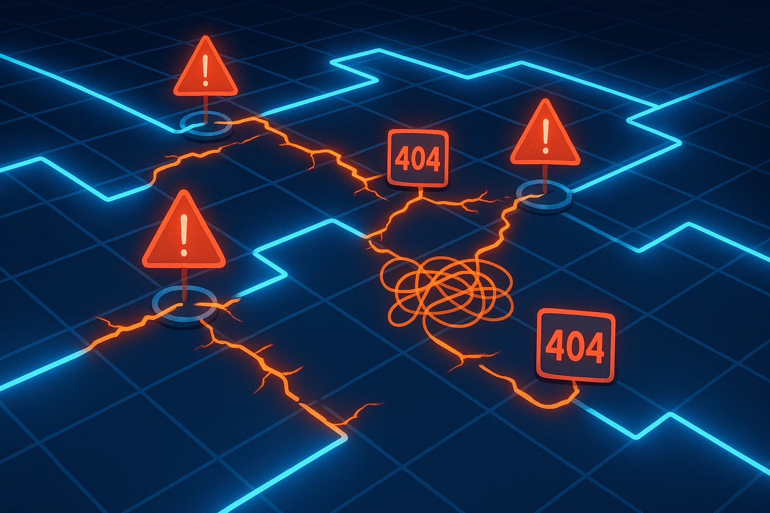 A digital grid with technical SEO issues, including broken links and 404 errors. A digital grid with technical SEO issues, including broken links and 404 errors.