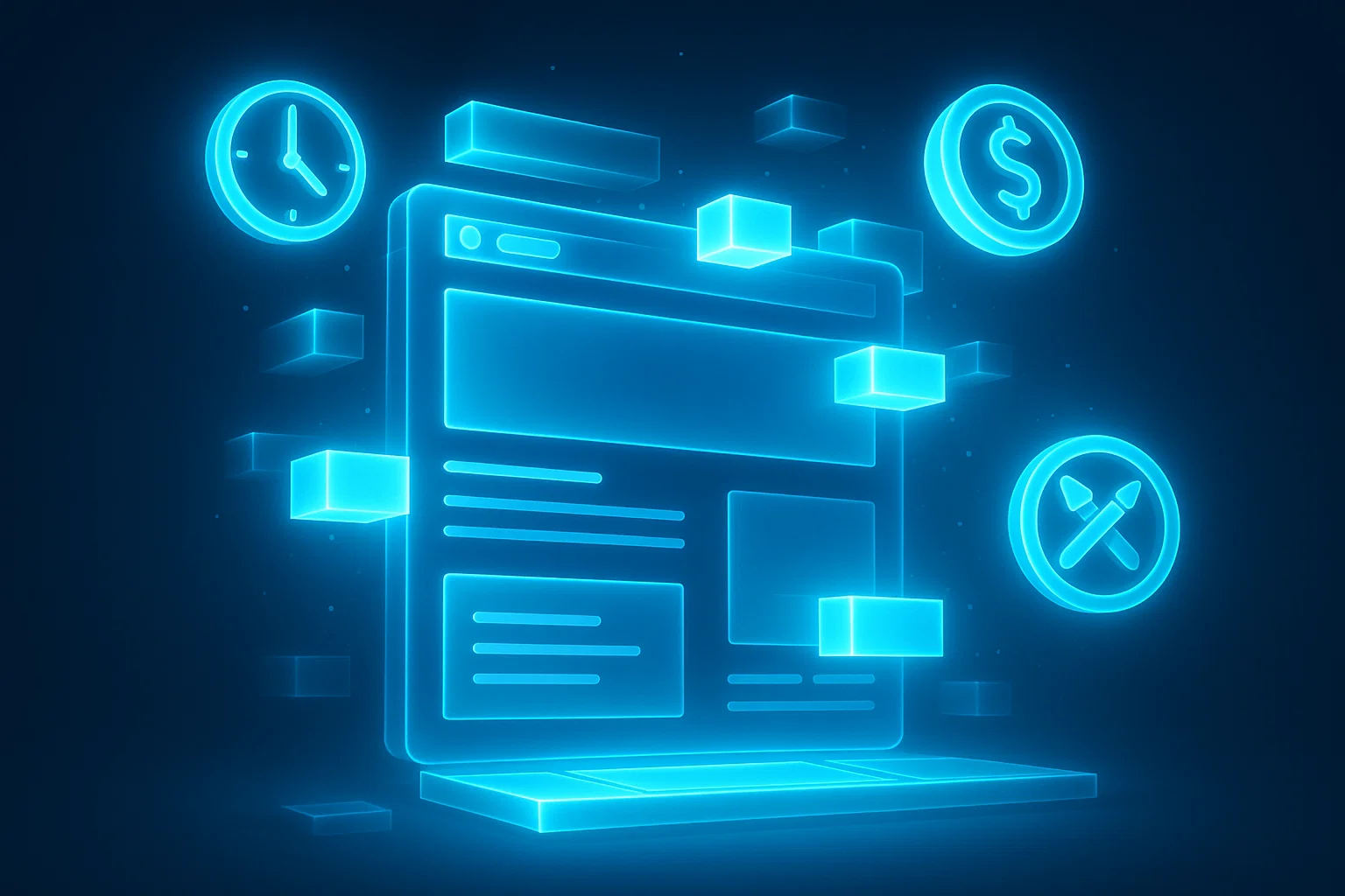 A digital wireframe of a laptop with glowing icons for time and money. A digital wireframe of a laptop with glowing icons for time and money.