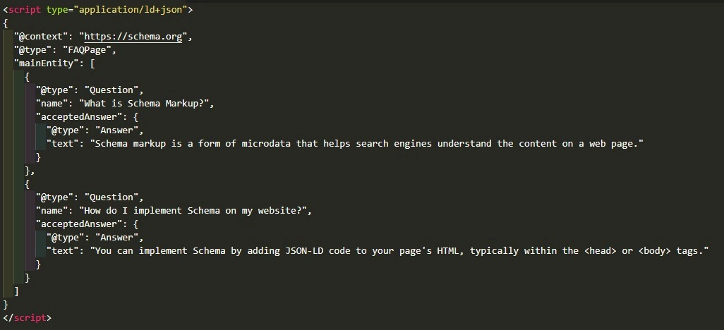 JSON-LD code for an FAQPage Schema markup example with two questions and answers, formatted for rich results in search engines. 
