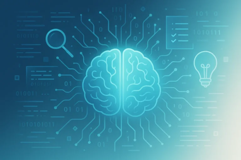 Abstract representation of LLM SEO showing a stylized brain connecting theory and practice with data and code symbols in a futuristic style.