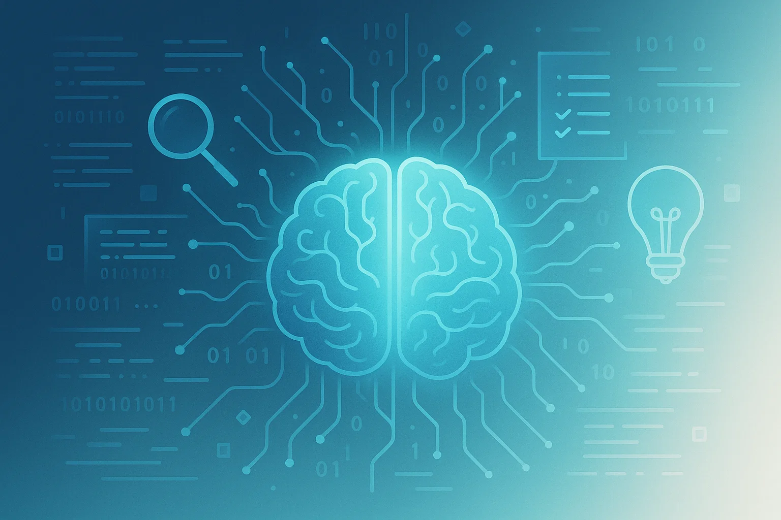Abstract representation of LLM SEO showing a stylized brain connecting theory and practice with data and code symbols in a futuristic style.