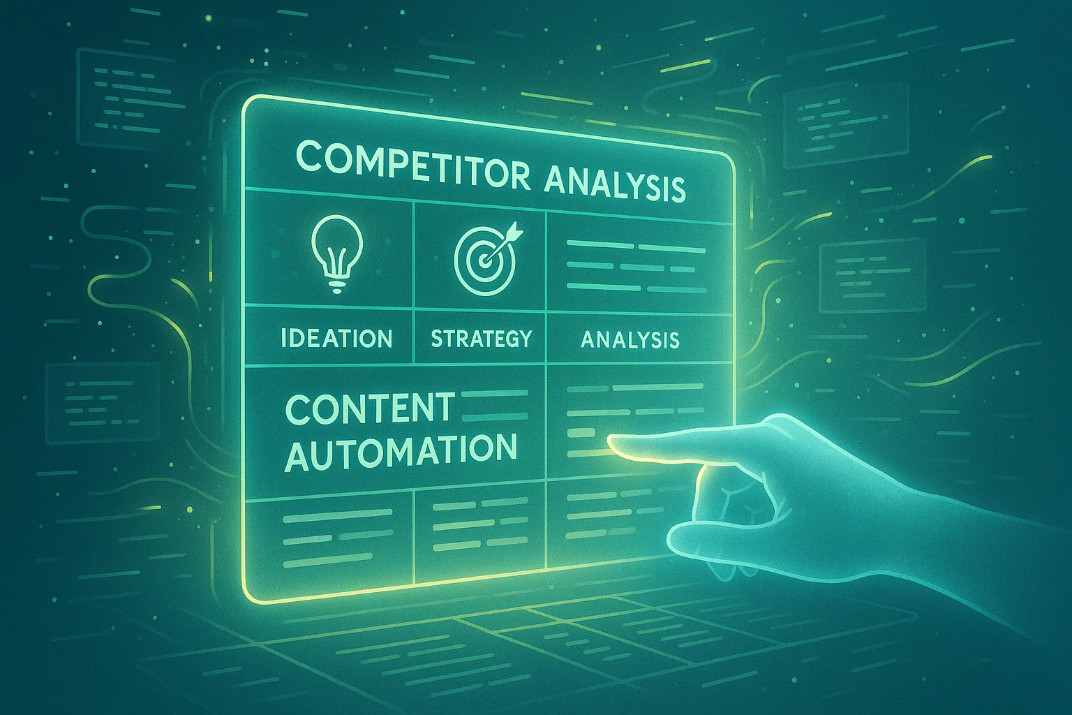 A futuristic illustration of a holographic data table showing practical LLM applications in SEO, like competitor analysis and content creation.