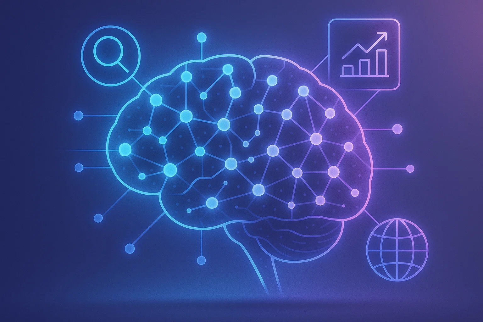 Abstract representation of LLM SEO's core concepts: a glowing brain connected to search, data, and global digital networks.