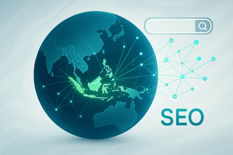 A digital illustration showing the Indonesiaon a globe with radiating lines, representing top SEO agencies and digital strategies.