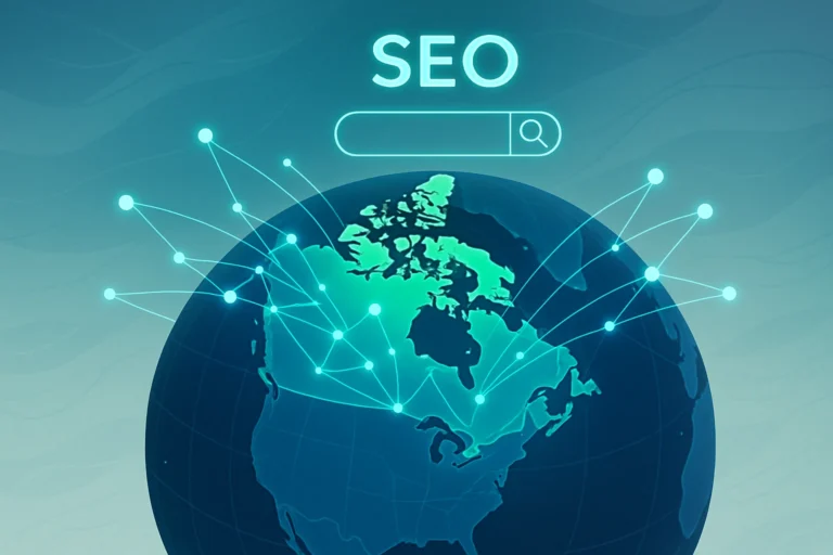 Canada global SEO agencies and digital strategies illustrated on a globe with radiating lines.