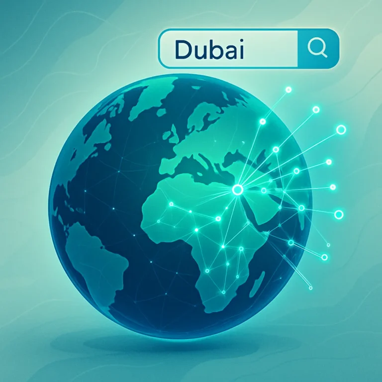 Dubai global SEO agencies and digital strategies illustrated on a globe with radiating lines.