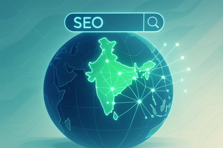 India global SEO agencies and digital strategies illustrated on a globe with radiating lines.
