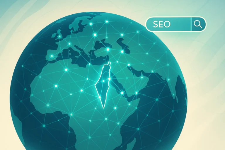 A digital illustration showing the Israel on a globe with radiating lines, representing top SEO agencies and digital strategies.