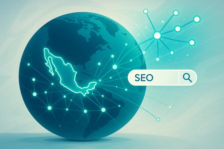 A digital illustration showing the Mexico on a globe with radiating lines, representing top SEO agencies and digital strategies.
