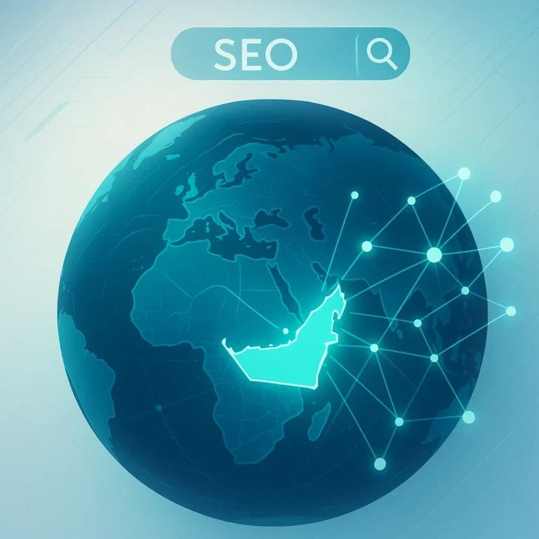UAE global SEO agencies and digital strategies illustrated on a globe with radiating lines.