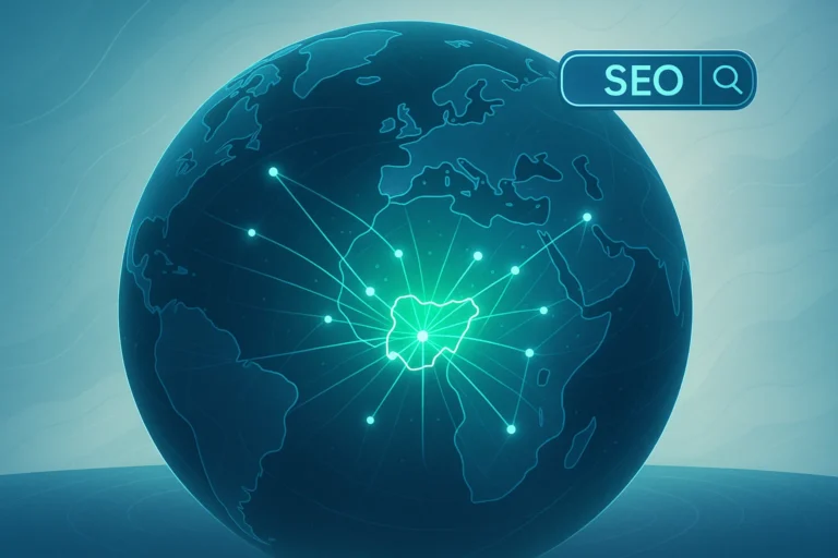 A digital illustration showing the Nigeria on a globe with radiating lines, representing top SEO agencies and digital strategies.