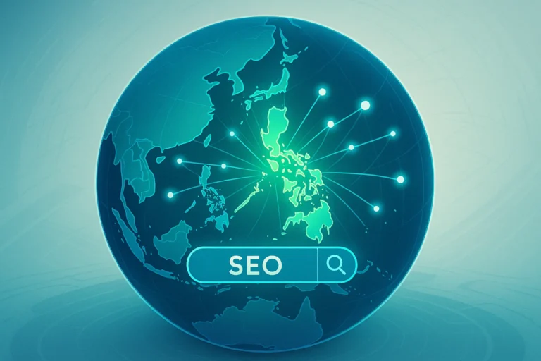 A digital illustration showing the Philippines on a globe with radiating lines, representing top SEO agencies and digital strategies.