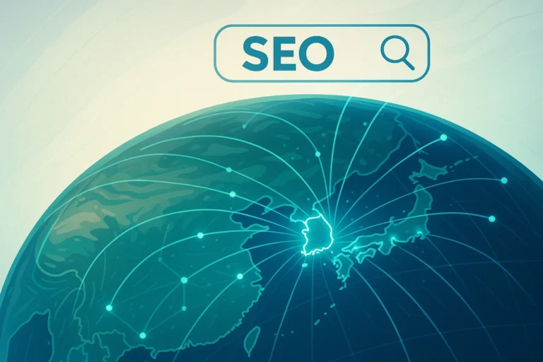 A digital illustration showing the South Korea on a globe with radiating lines, representing top SEO agencies and digital strategies.