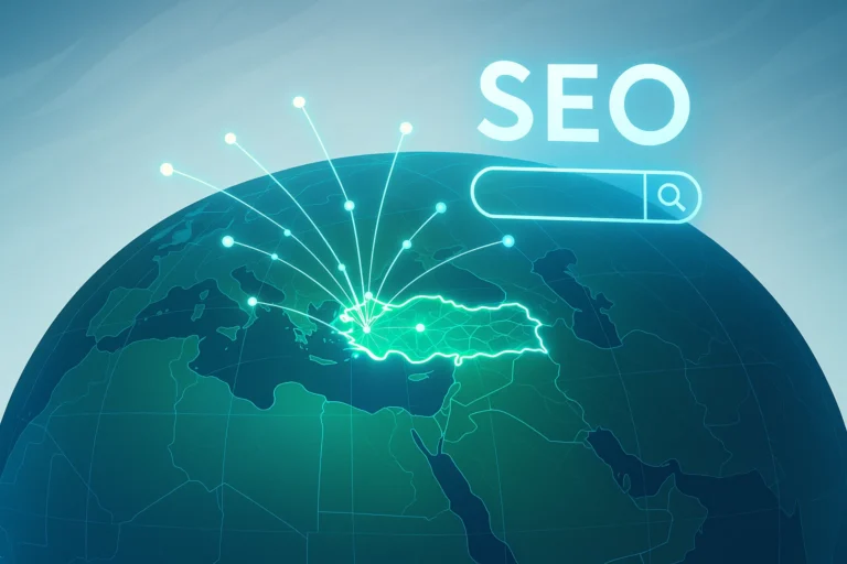A digital illustration showing the Turkey on a globe with radiating lines, representing top SEO agencies and digital strategies.