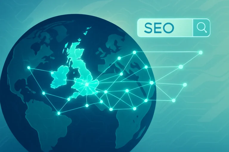 A digital illustration showing the UK on a globe with radiating lines, representing top SEO agencies and digital strategies.
