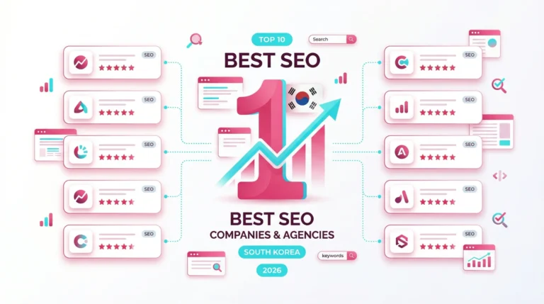 Top 10 best SEO agencies in South Korea displayed on a clean digital marketing dashboard with pink and cyan accents.