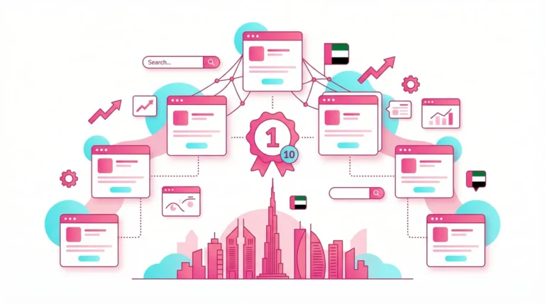 Infographic illustration of top 10 best SEO agencies in the UAE, ranking premier professional services in Dubai.