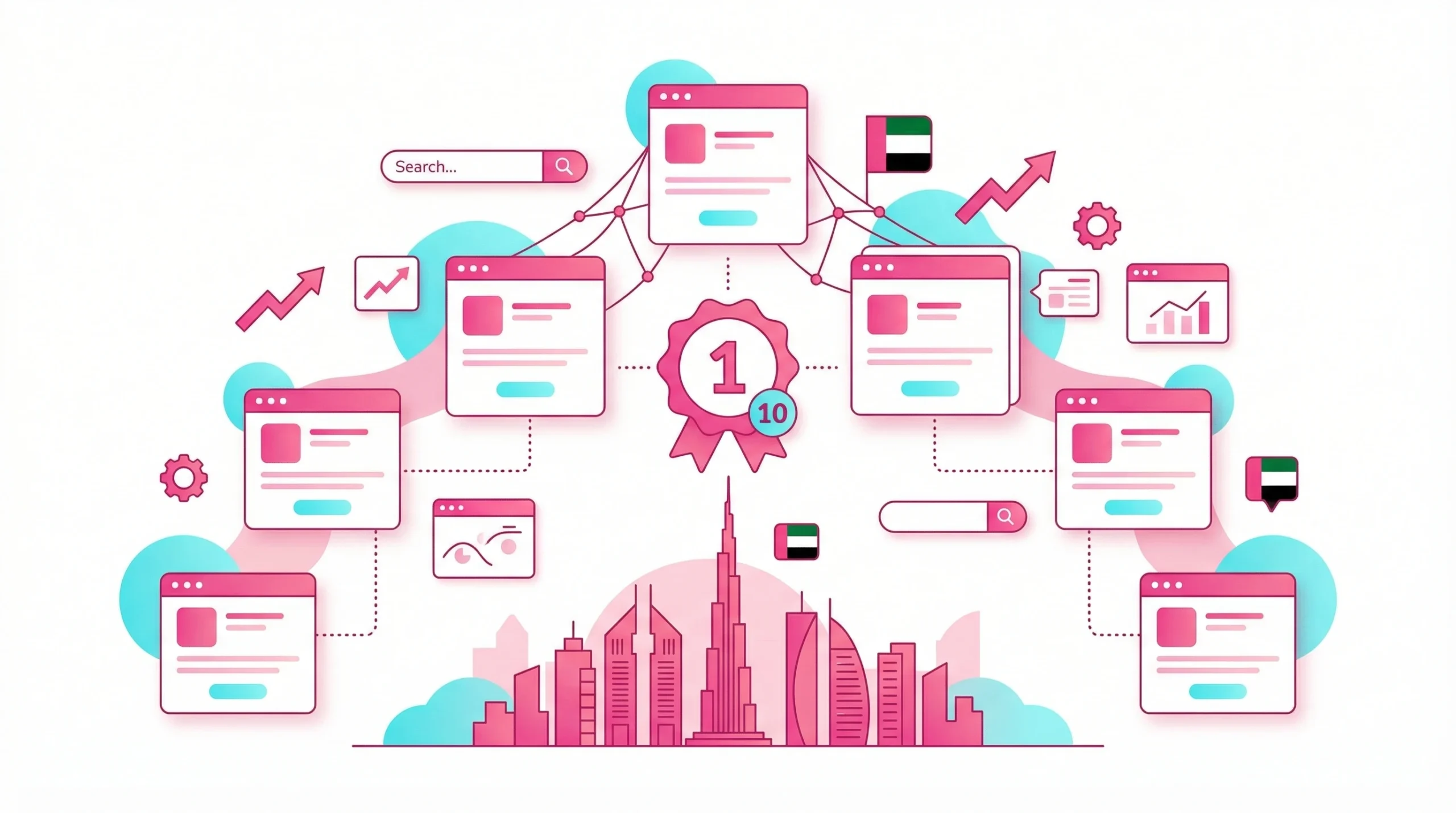 Infographic illustration of top 10 best SEO agencies in the UAE, ranking premier professional services in Dubai.