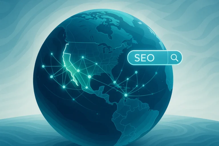 California best SEO agencies search on a global network map.