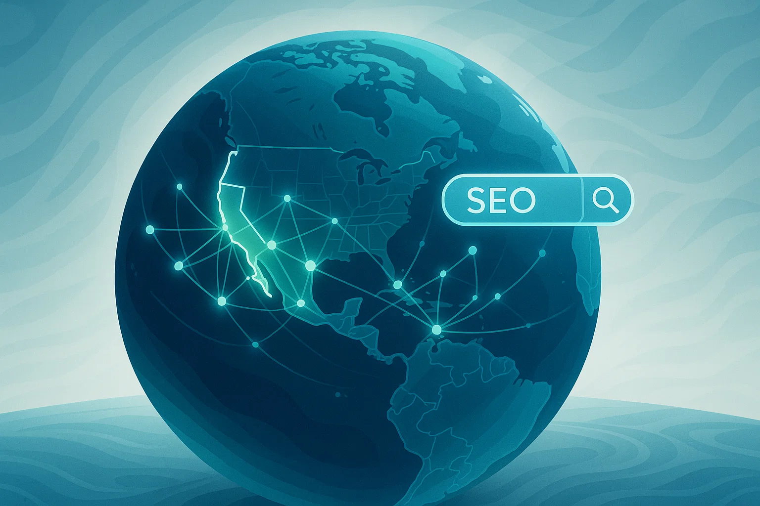 California best SEO agencies search on a global network map.