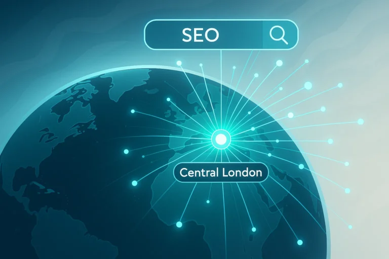 Central London best SEO agencies search location on a global network map.