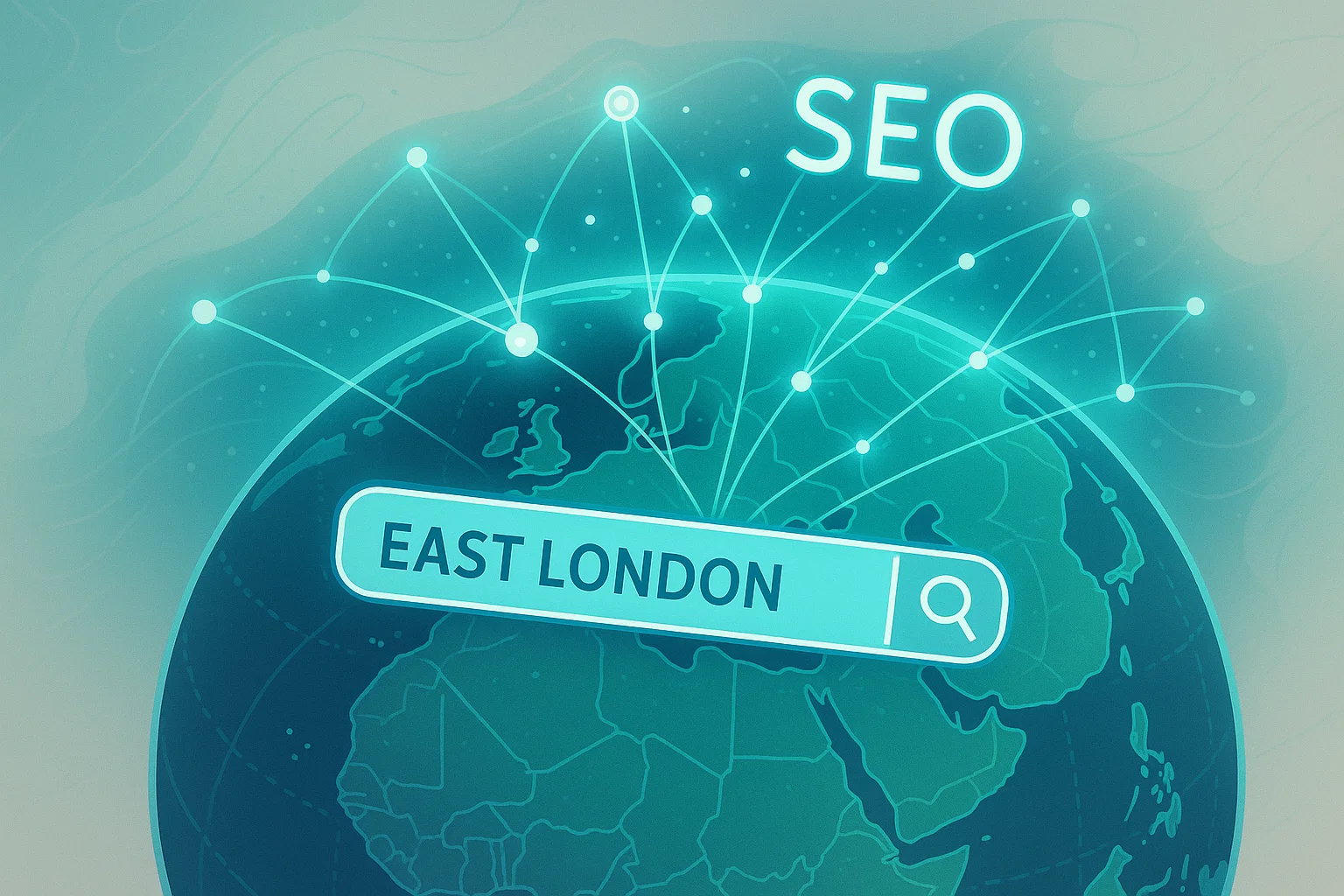 East London best SEO agencies global search on a network map.