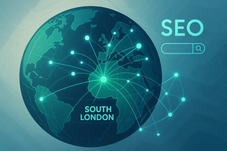 South London best SEO agencies location on a global search map.