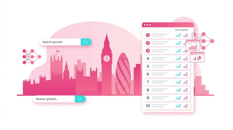 Flat vector illustration showing London skyline and digital SEO analytics for top AI search marketing agencies.