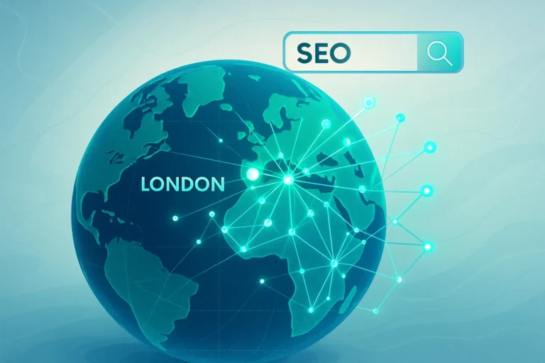 Top 10 Best AI SEO Agencies in London search on a network globe.