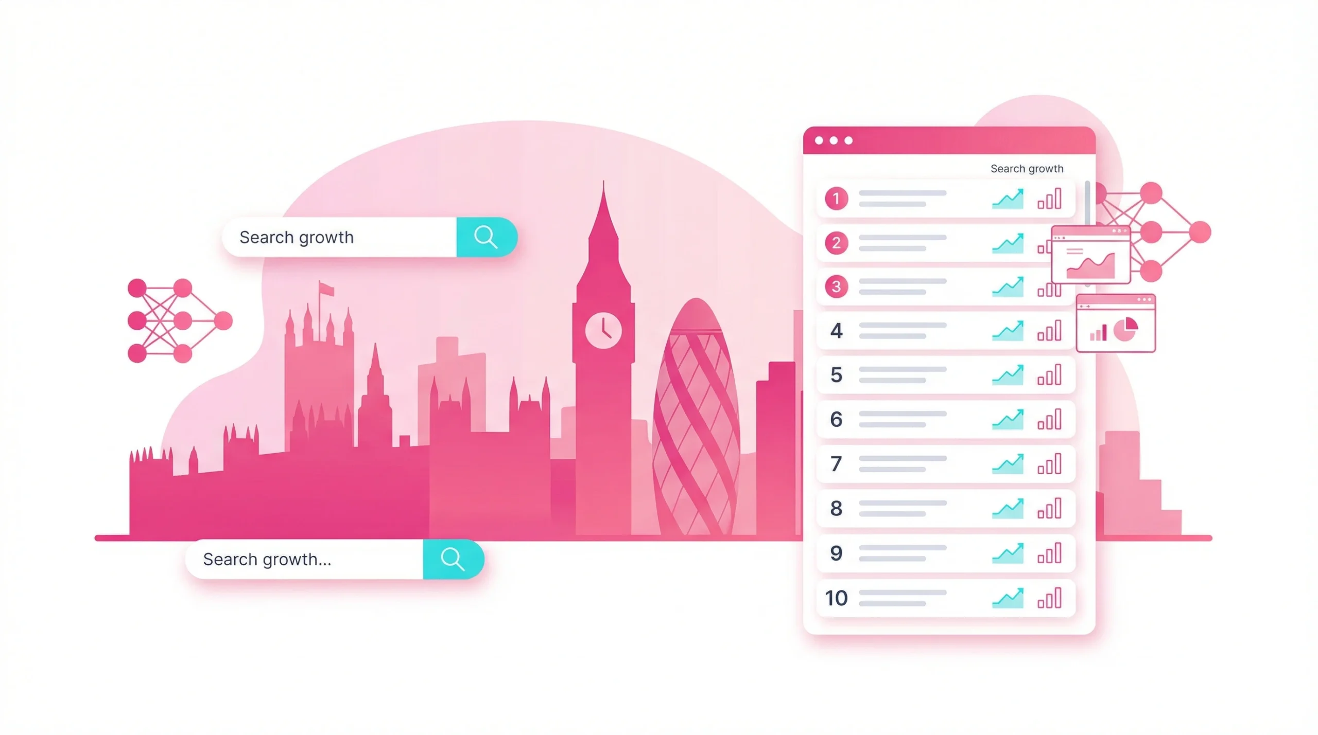 Flat vector illustration showing London skyline and digital SEO analytics for top AI search marketing agencies.