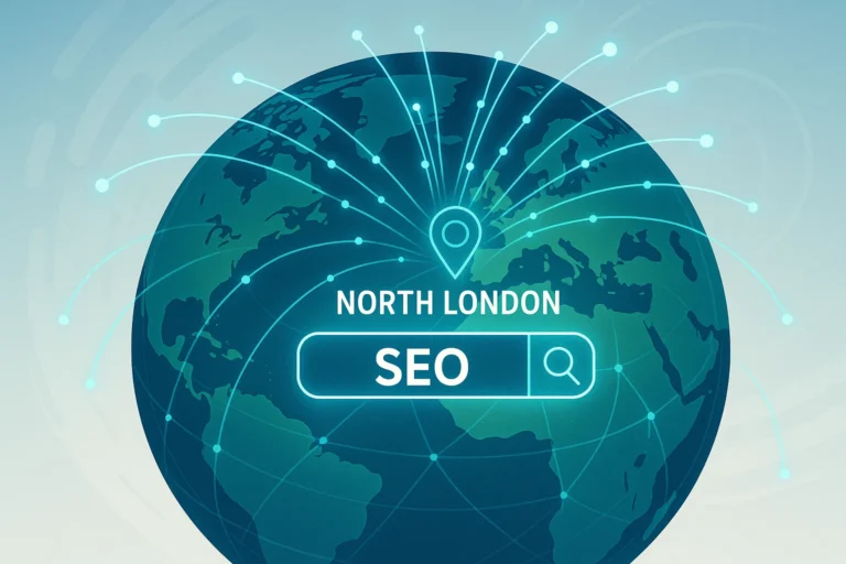 Top 10 Best SEO Agencies North London search location on a global map.