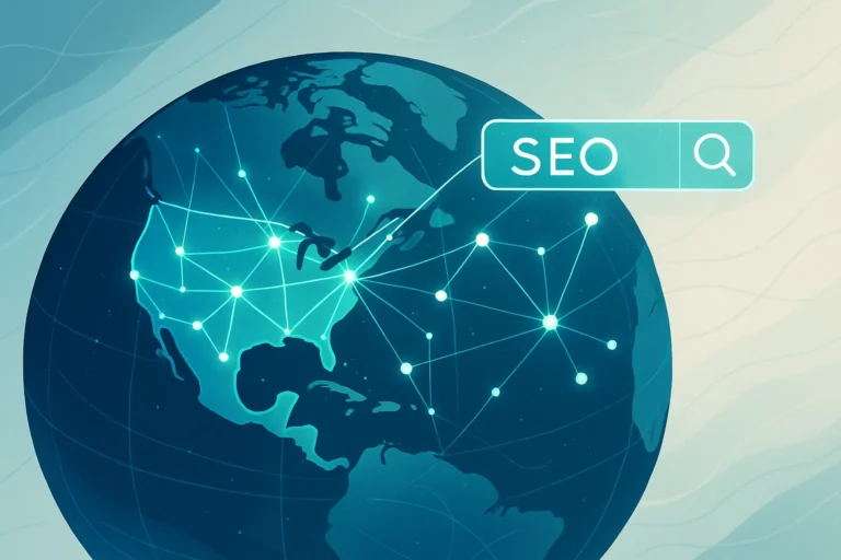 USA best SEO agencies global search network map graphic.